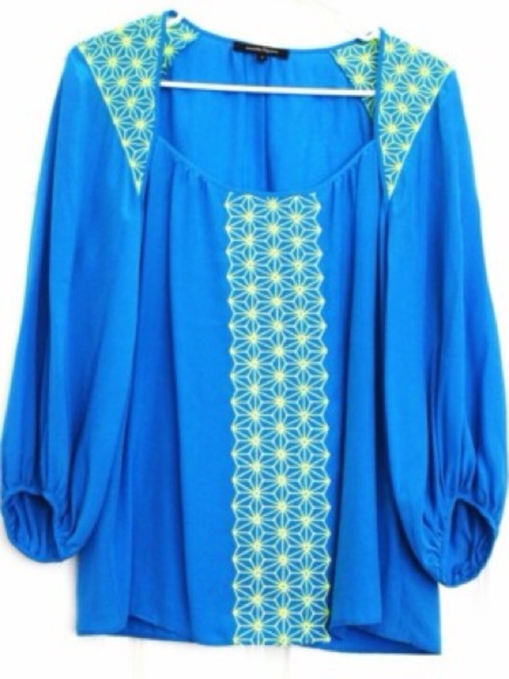 Nanette Lepore Bright Blue Peasant Blouse with Yellow Embroidery